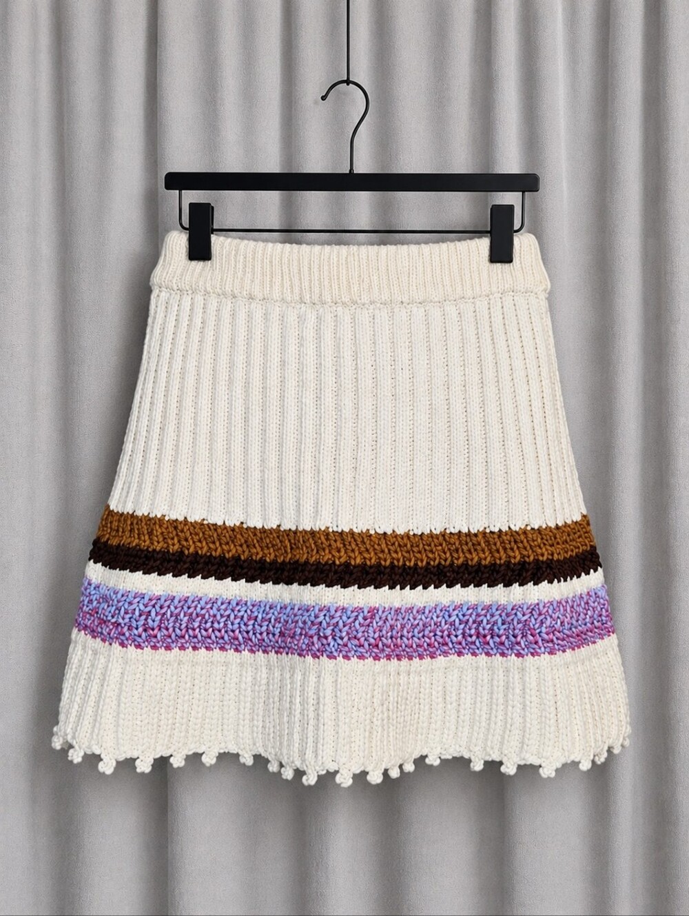 Anthropologie Cream Chunky Cable Knit Multicolor Stripe Cotton Wool Cozy Skirt